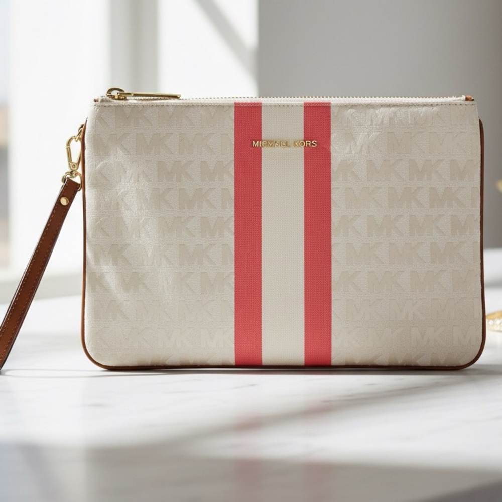 Michael Kors Cream and Pink Stripe Wristlet